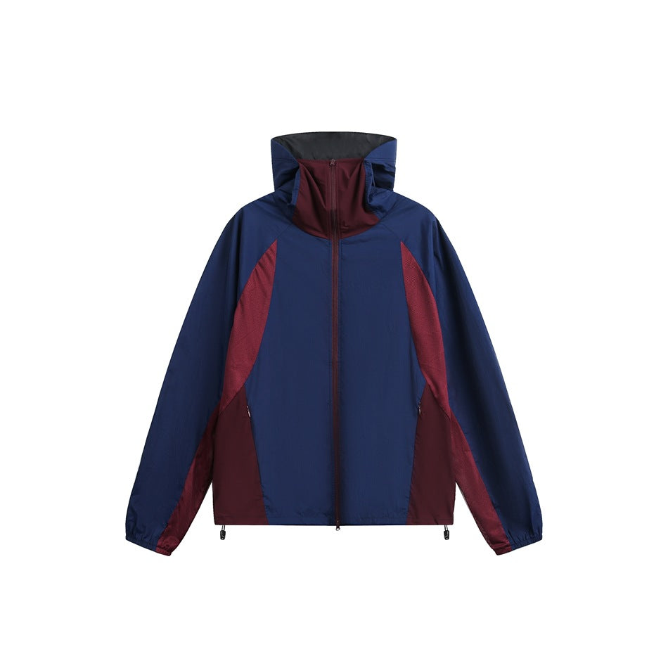 Navy hooded zip jacket with burgundy contrast panels, high collar and hem toggles, flat front view