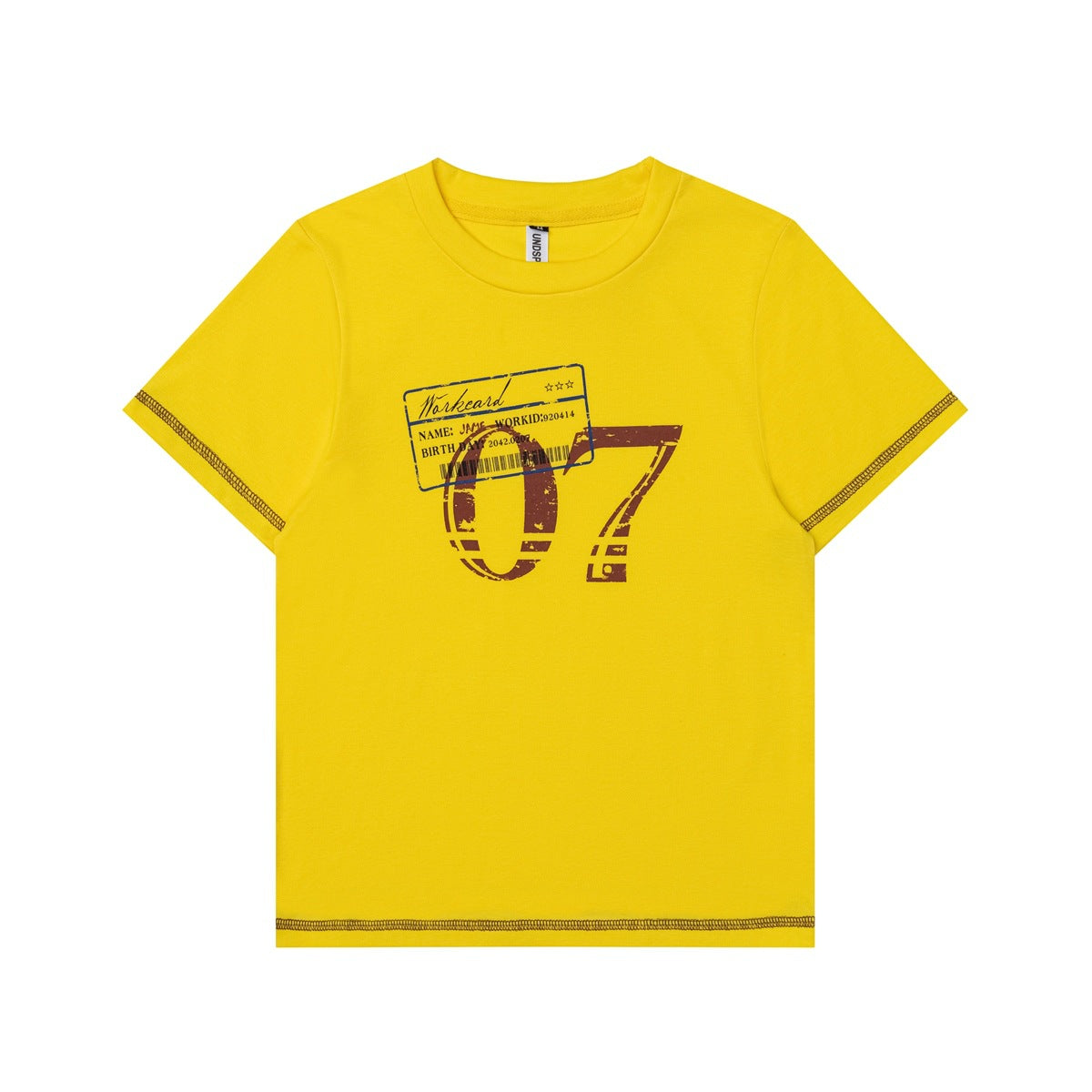Yellow short-sleeve crew-neck T-shirt with brown 07 graphic, Workcard label print and contrast stitching