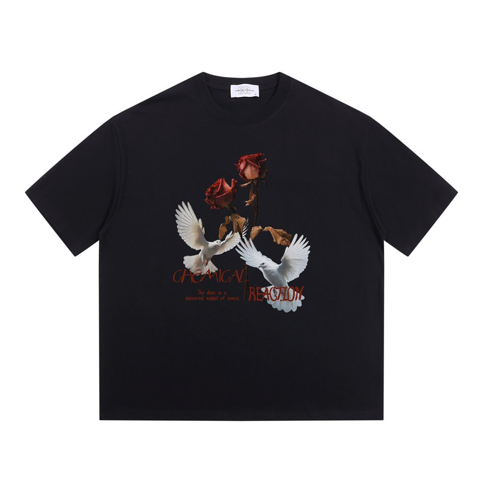 Black short-sleeve crew neck T-shirt with a front graphic of red roses, white doves and red text