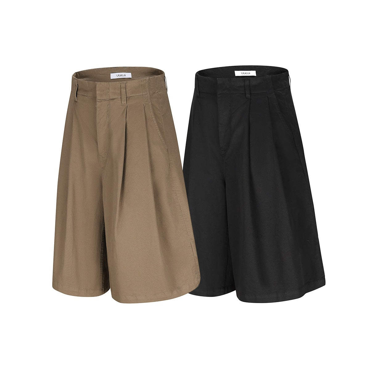 Khaki and black pleated knee-length wide-leg shorts shown side by side on white background