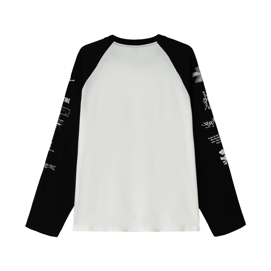 Back view of a white raglan long-sleeve shirt with black sleeves, black collar and white printed sleeve graphics.