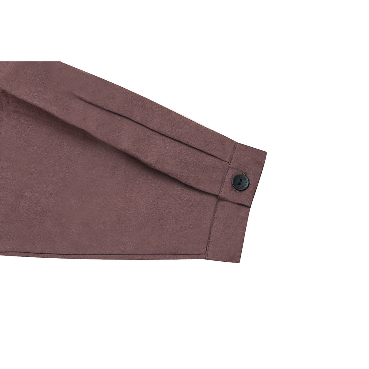Close-up of a mauve-brown shirt sleeve and buttoned cuff on a white background.