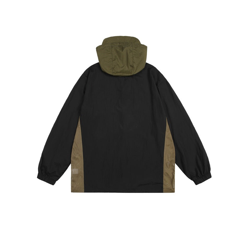 Back view of a black hooded jacket with an olive hood and side panels.