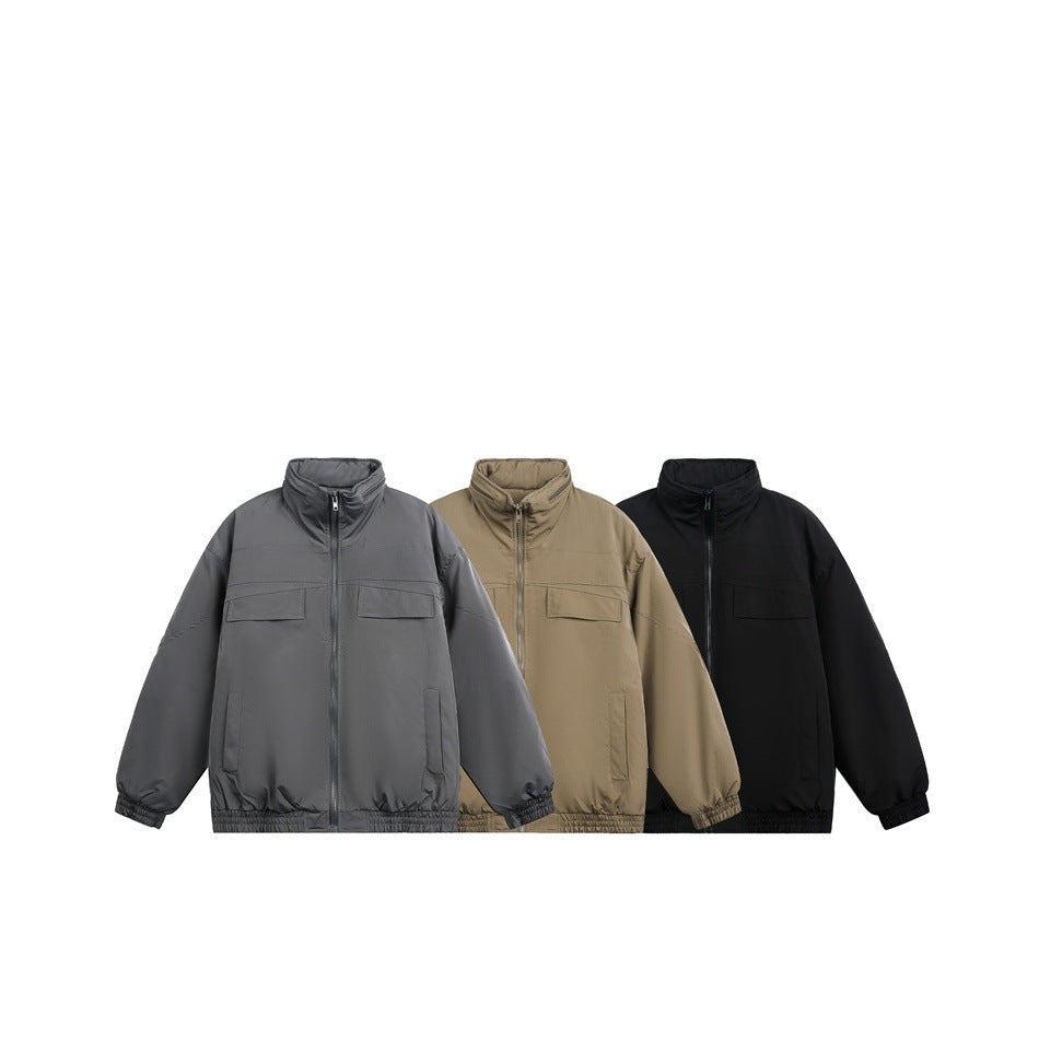 Three matching stand-collar zip jackets shown in gray, olive-brown, and black.