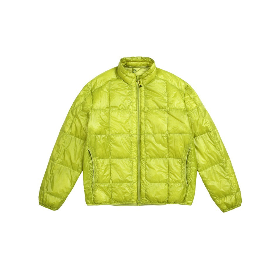 Yellow-green quilted puffer jacket with stand collar and front zipper, flat front view