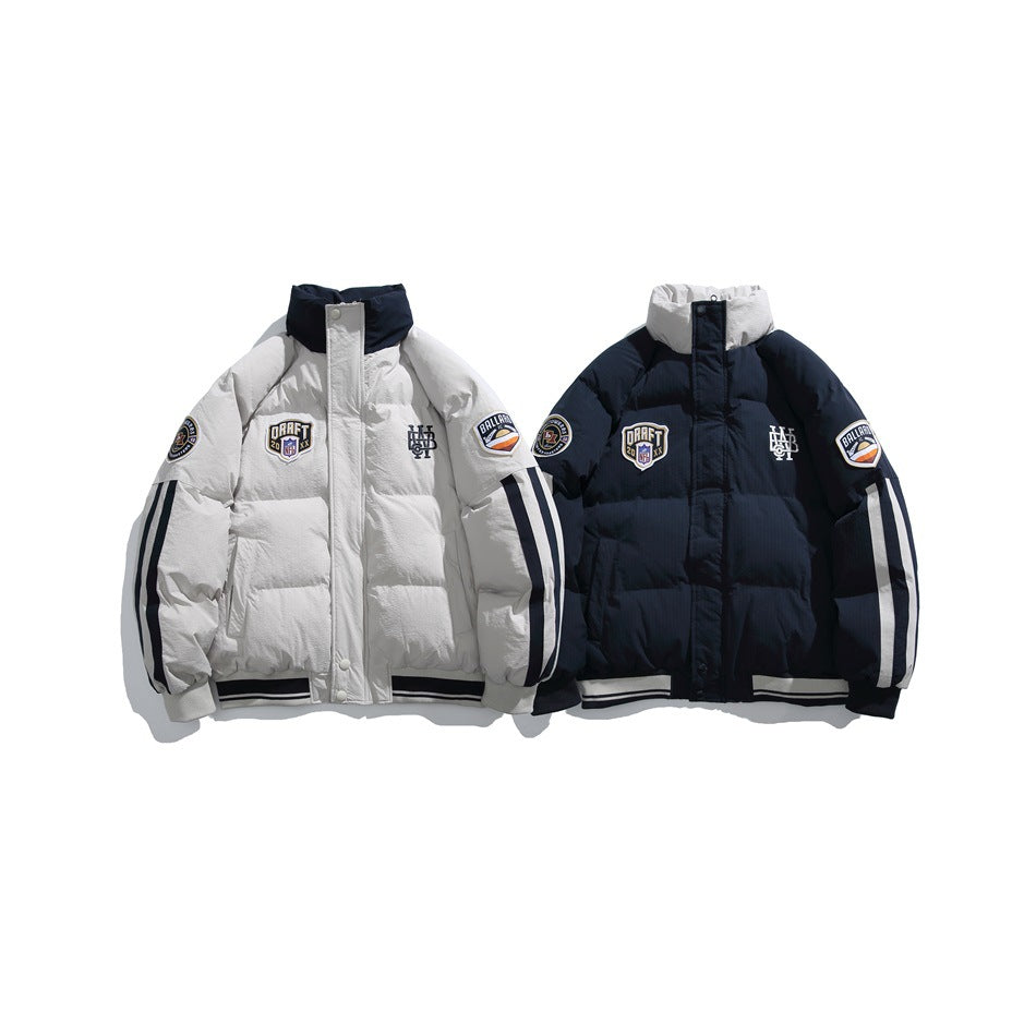 Two padded jackets shown side by side in white and navy, with contrasting sleeve stripes and embroidered patches.