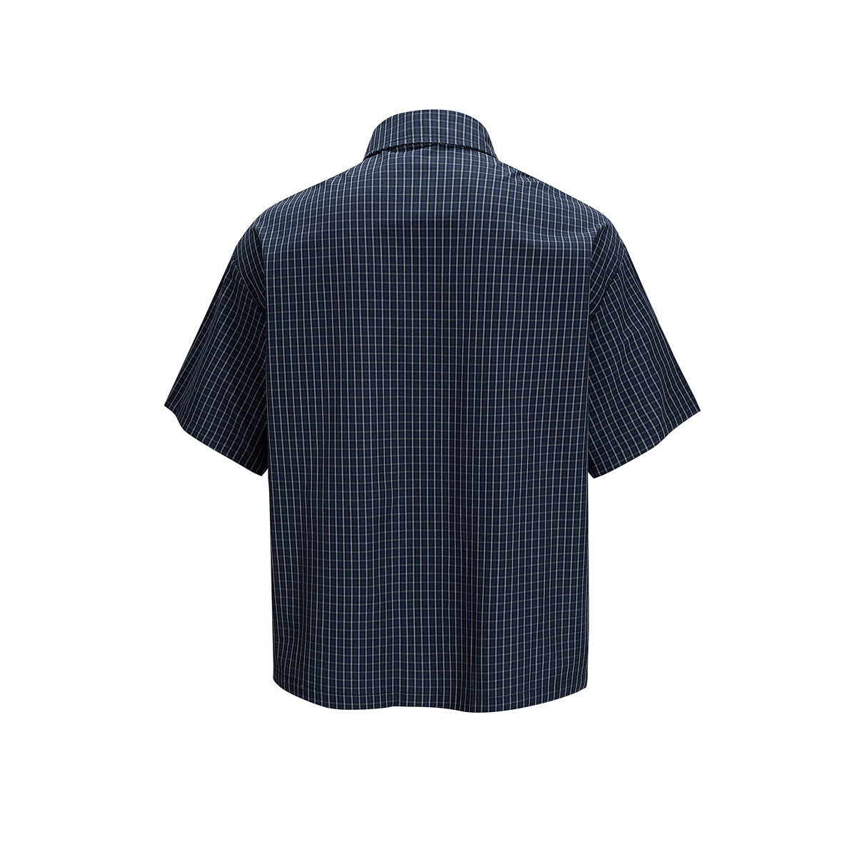 Back view of a navy plaid short-sleeve button-up shirt on a white background.