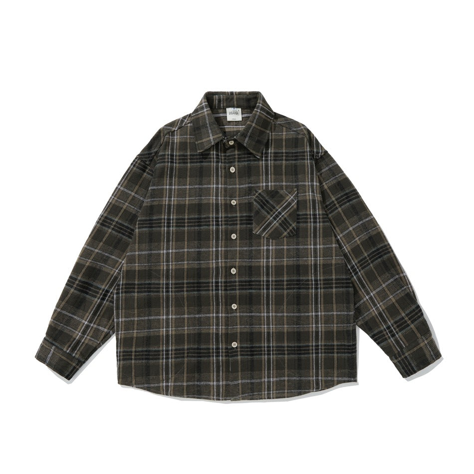 Brown plaid long-sleeve button-up shirt, flat front view with collar, chest pocket and buttoned placket