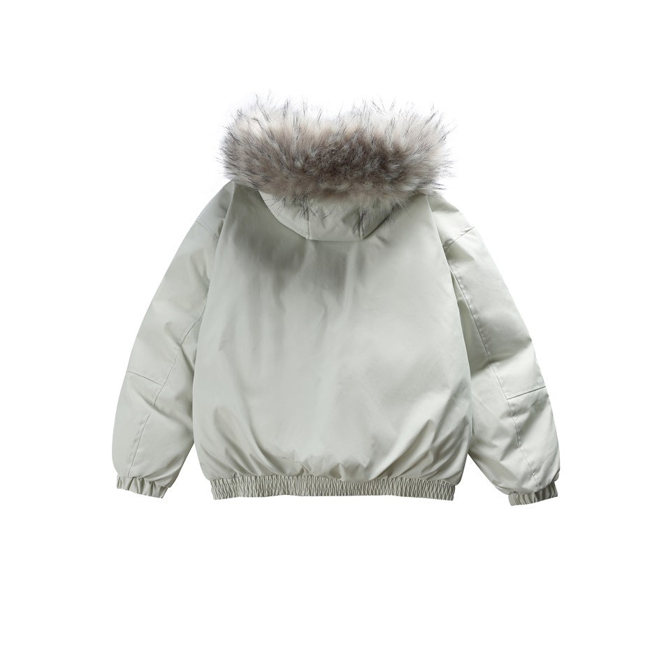 Back view of a pale gray hooded jacket with gray-beige fur trim, gathered cuffs, and an elasticated hem.