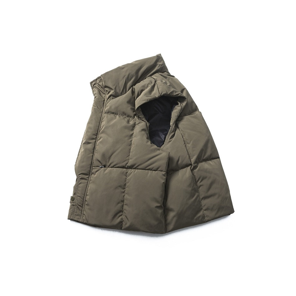 Olive-khaki quilted padded vest shown at an angle, with a high collar and snap-front closure.