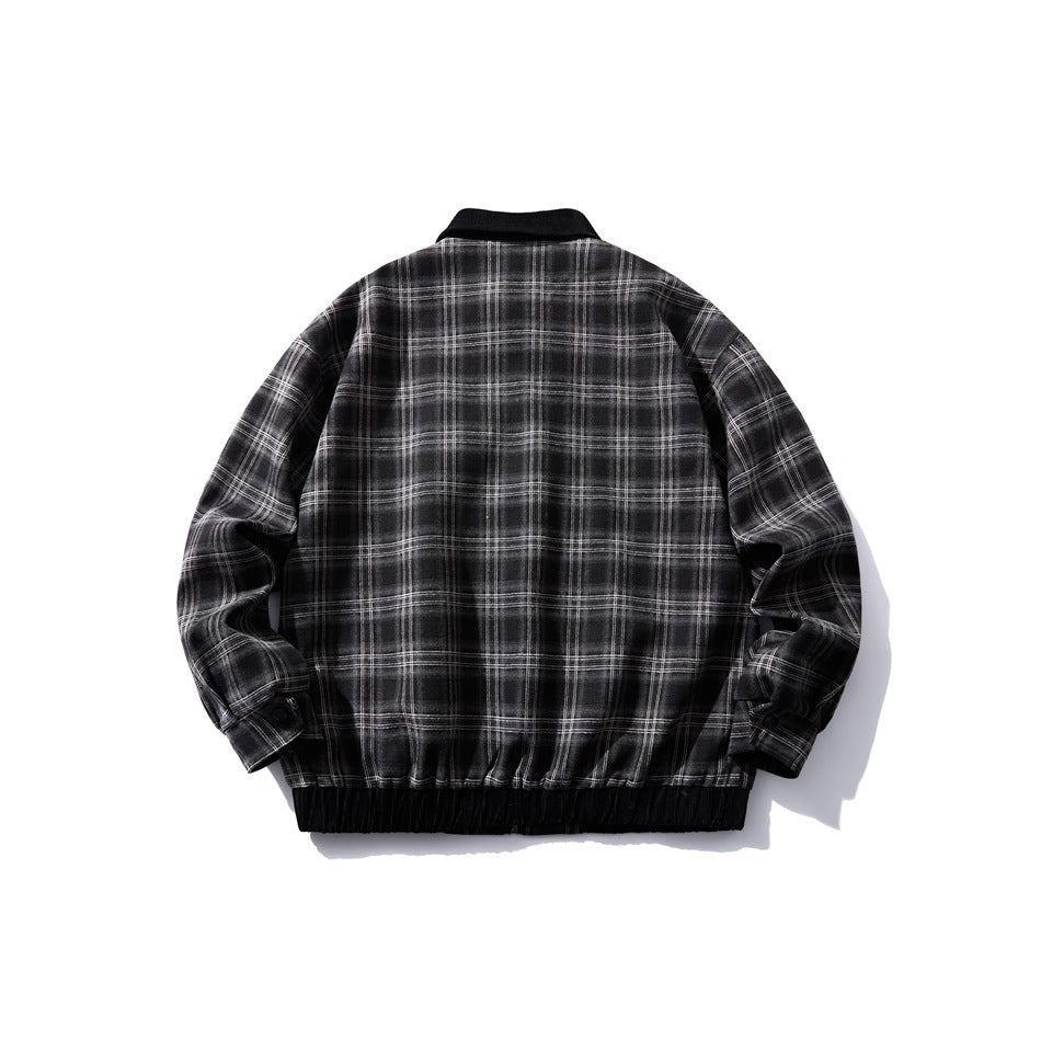 Back view of black and gray plaid jacket with black collar and elastic ribbed hem, flat lay on white