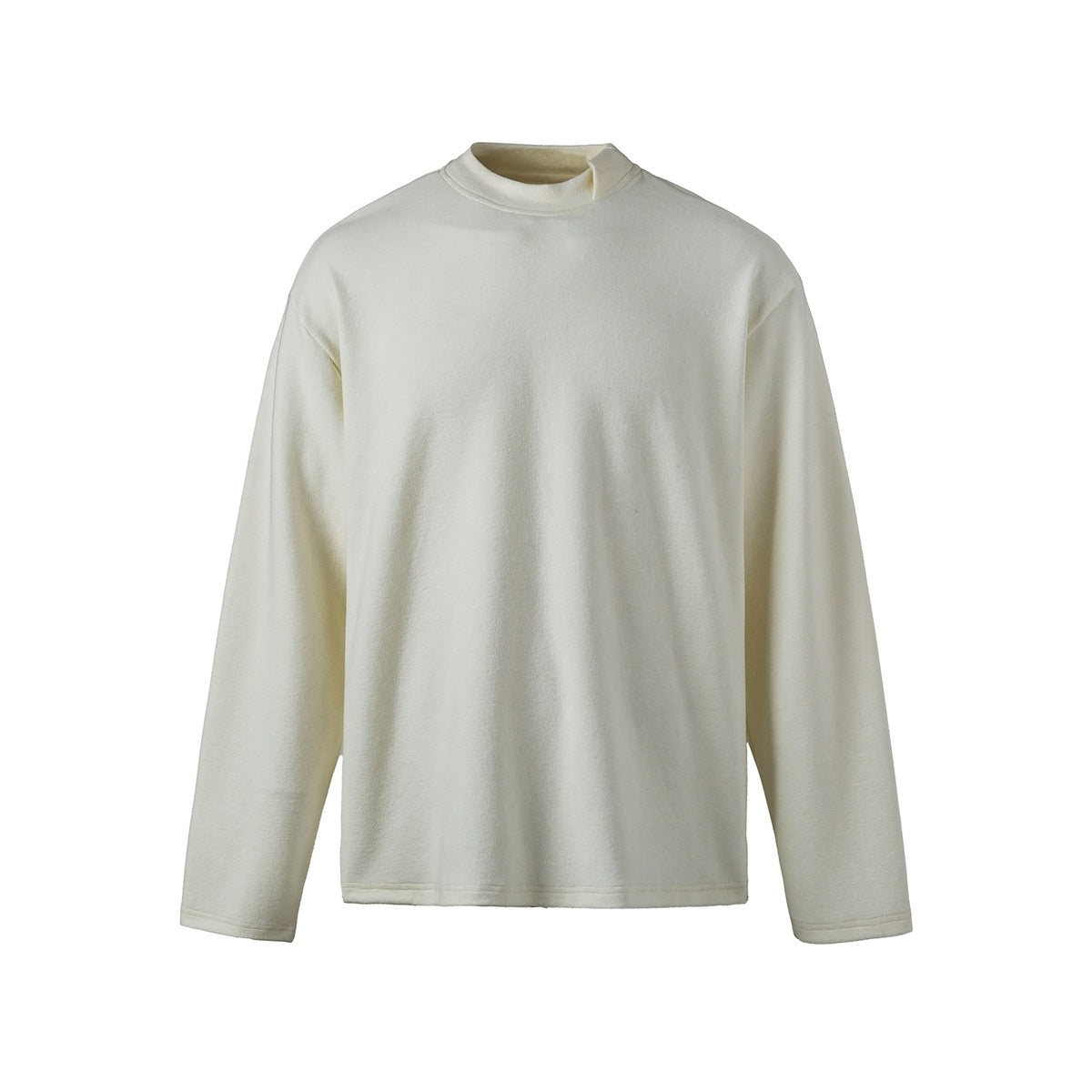 Off-white long-sleeve pullover top with high round neck and dropped shoulders, flat front view