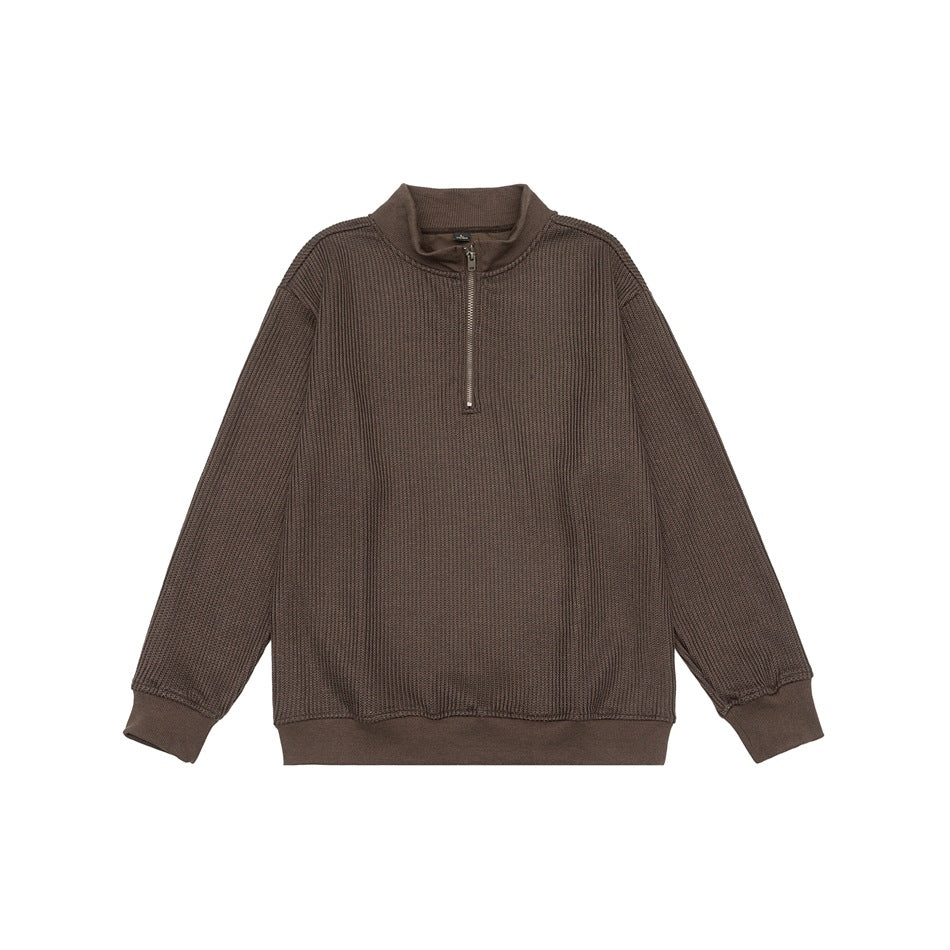 Brown half-zip stand-collar ribbed pullover laid flat, front view