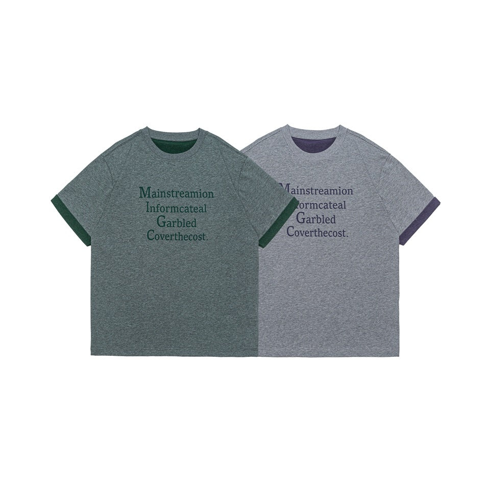 Two front views of short-sleeve crew-neck T-shirts, one green heather with dark green trim and one gray with purple trim