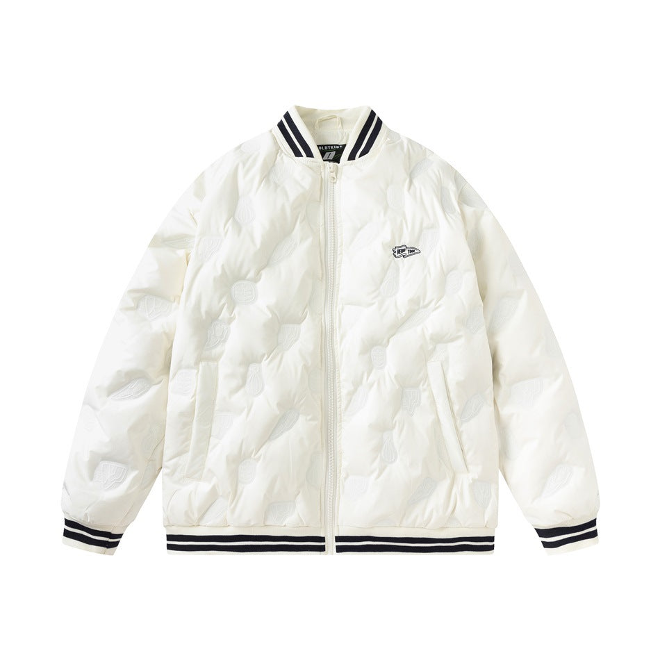 Front view of a white quilted bomber jacket with subtle raised motifs, navy-striped ribbed trim, zip closure, pockets and