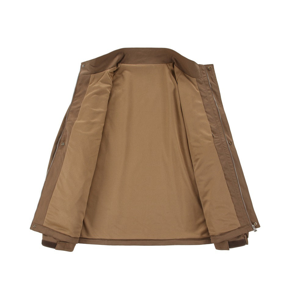 Brown jacket opened flat to show its tan lining, zipper edges, and snap fasteners.