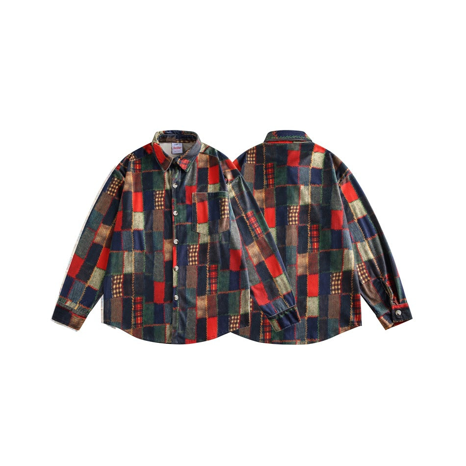 Multicolor patchwork plaid button-up shirt shown from the front and back against a white background.