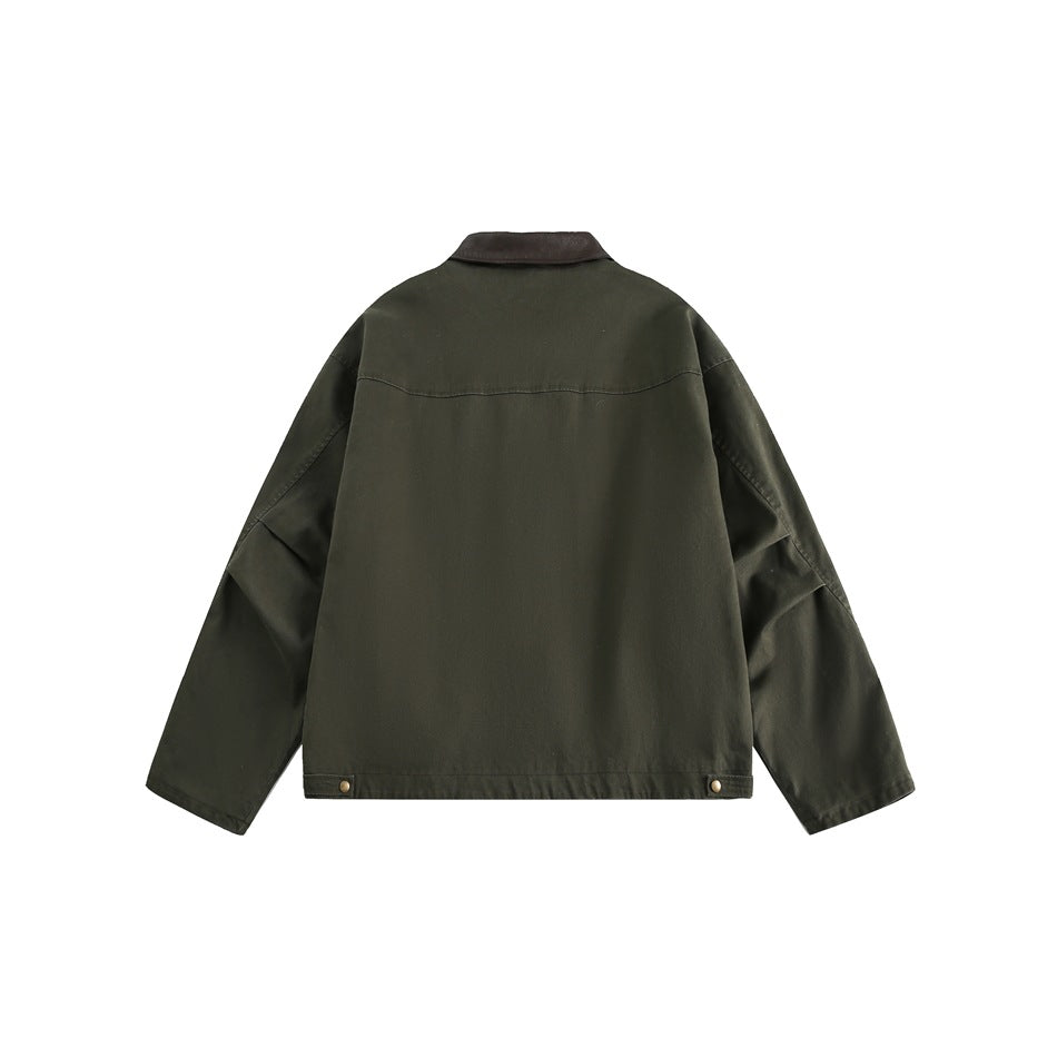 Back view of an olive jacket with a dark brown contrast collar and snaps at the hem.