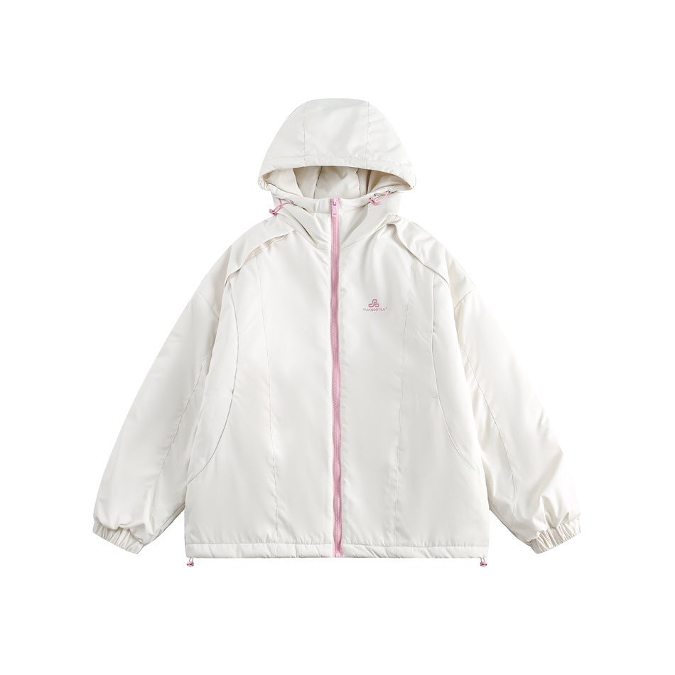 White hooded zip jacket with pink zipper, pink drawcords, curved seams and elastic cuffs, flat front view