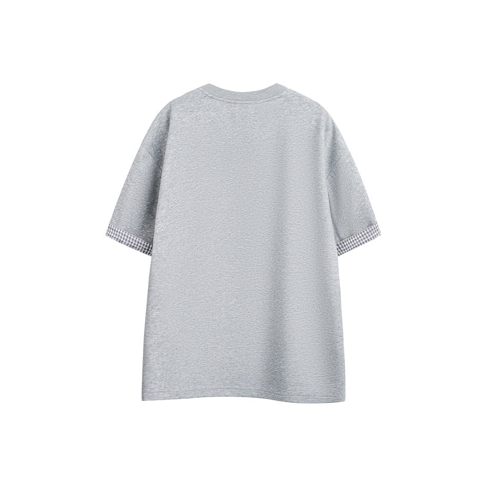 Back view of a heather-gray oversized short-sleeve tee with gingham trim on the sleeve cuffs.