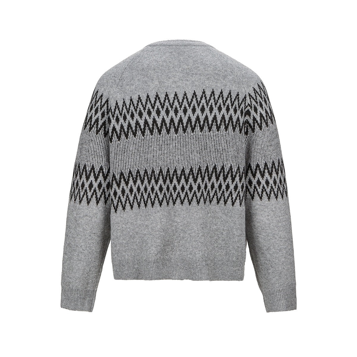 Back view of a gray cardigan with two black geometric bands across the body and sleeves.