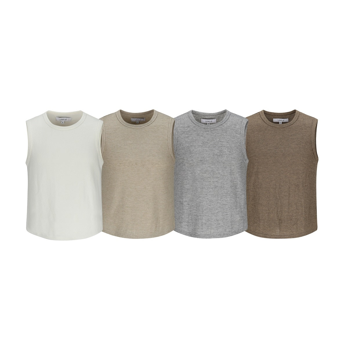Four sleeveless crew-neck tops shown from the front in ivory, beige, gray, and brown.