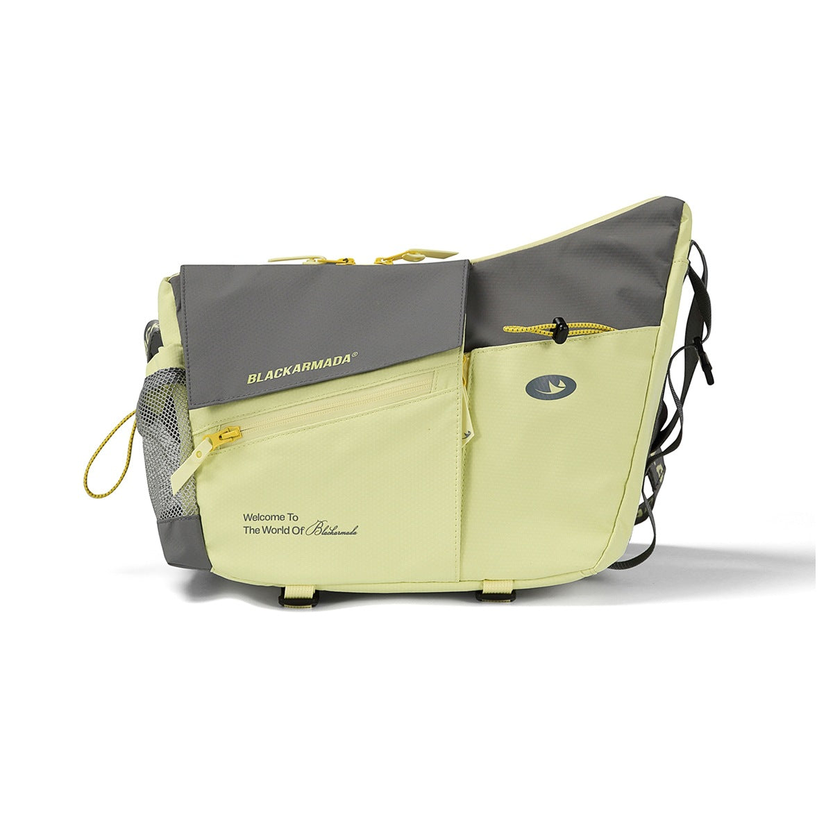 Light yellow and gray color-block crossbody bag with angled flap, zip pocket, side mesh pocket and drawcord