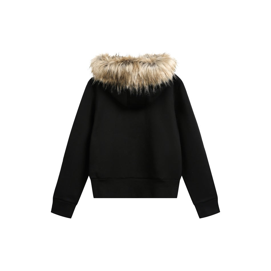Back of a black hooded jacket with a wide tan faux-fur trim, long sleeves, and ribbed cuffs and hem.