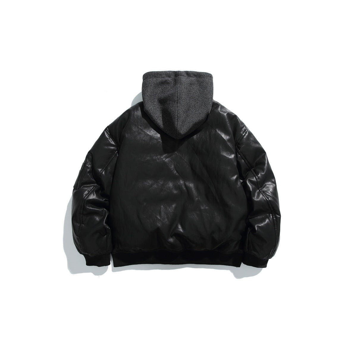 Back view of a black jacket with a gray hood, glossy sleeves, and a ribbed hem and cuffs.