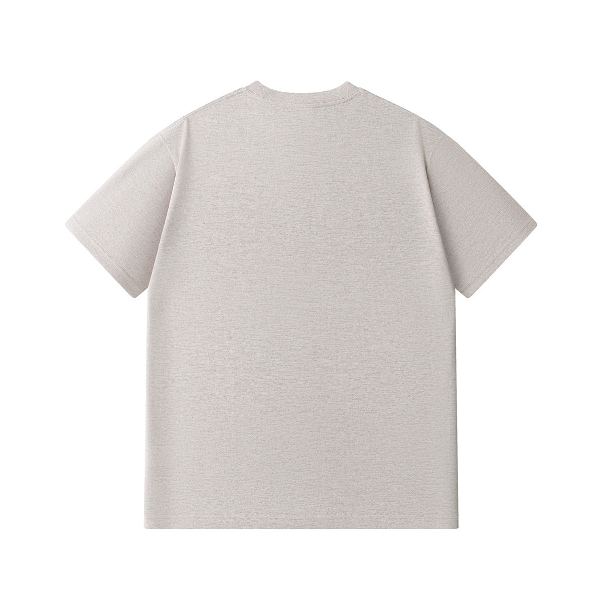Plain light beige short-sleeve crew-neck T-shirt shown from the back on a white background.