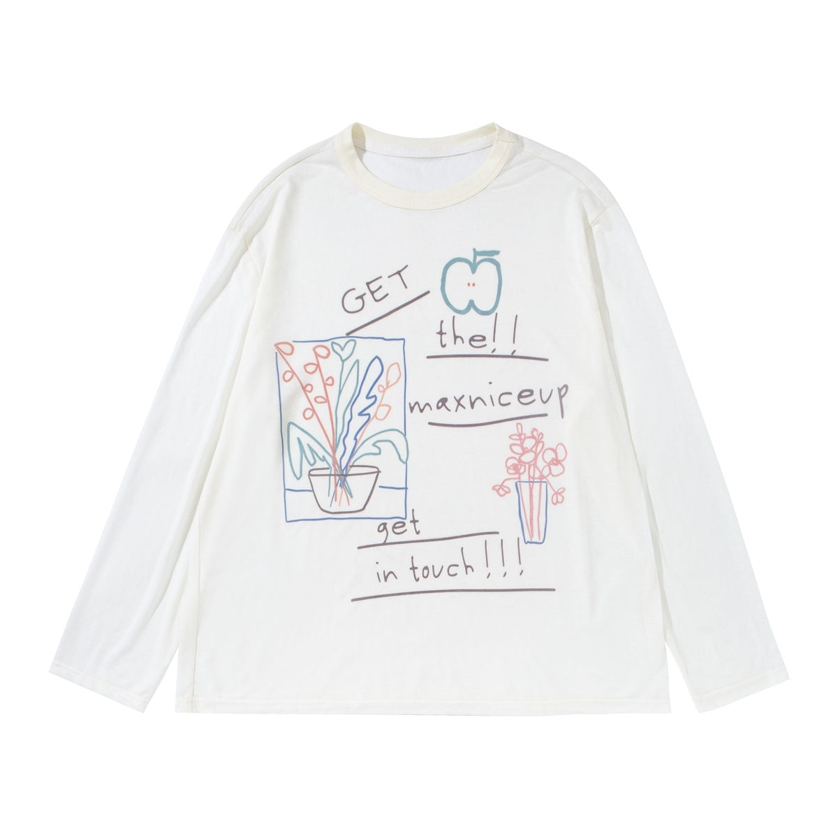 Off-white long-sleeve crew-neck tee with cream collar and hand-drawn plant, apple and handwritten text print, flat lay