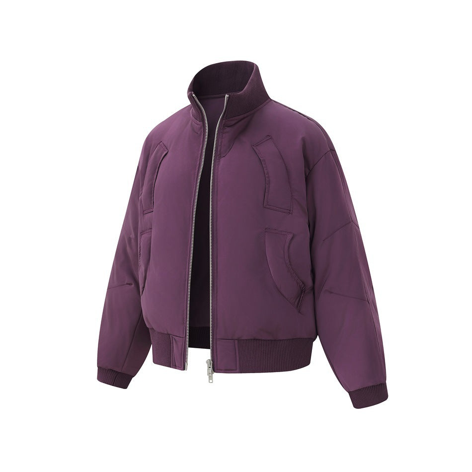 Front view of a plum-purple jacket with a silver zipper, high ribbed collar, ribbed cuffs and hem, and multiple pockets.
