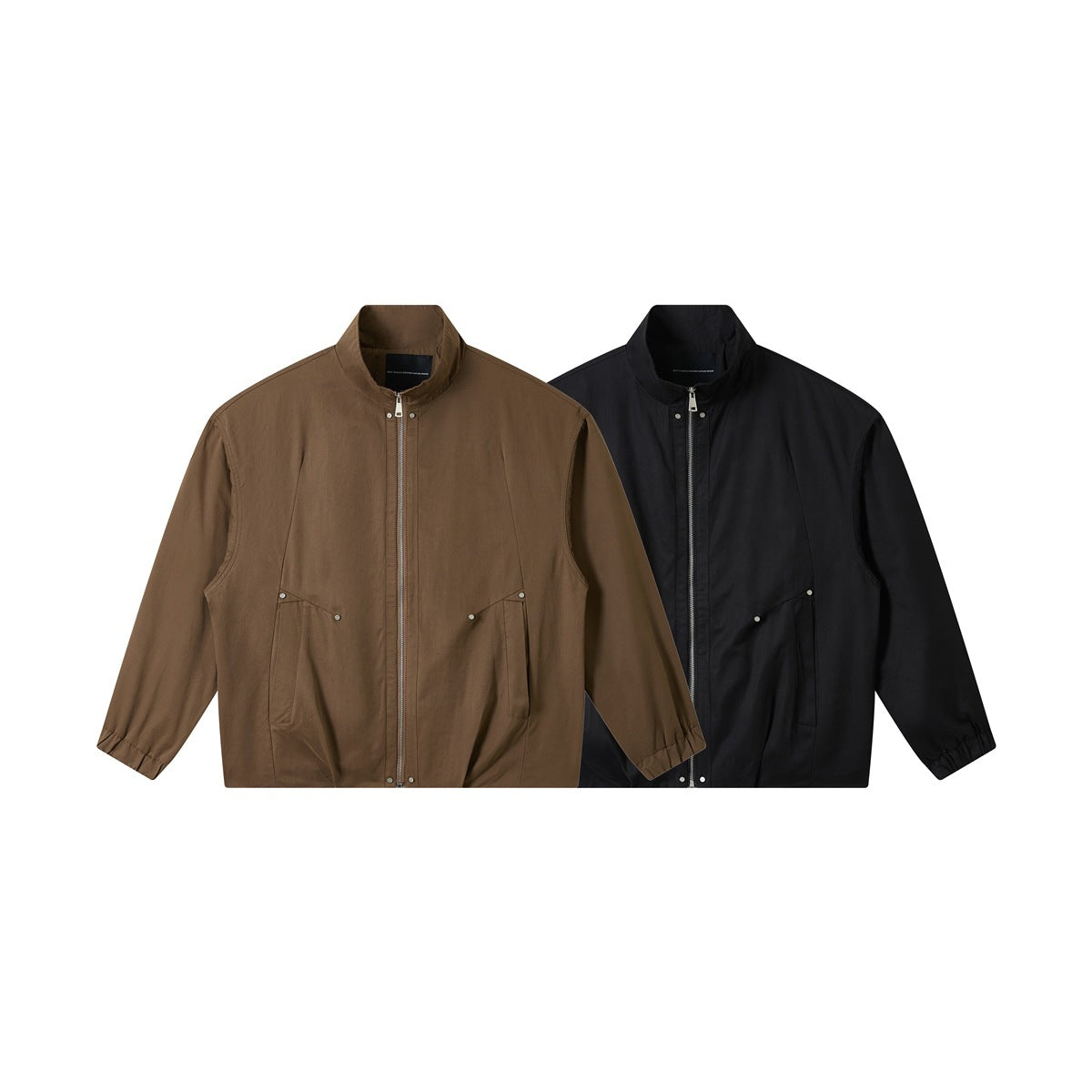 Two front views of a stand-collar zip jacket, shown in brown and black.