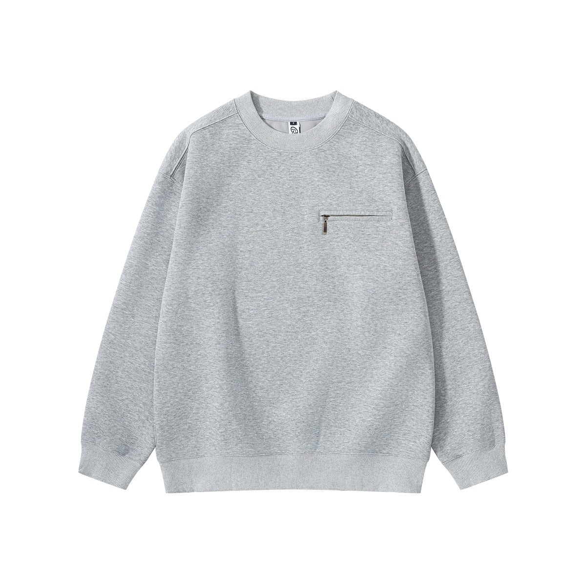 Heather gray crewneck sweatshirt flat lay with ribbed trim and a small zippered chest pocket