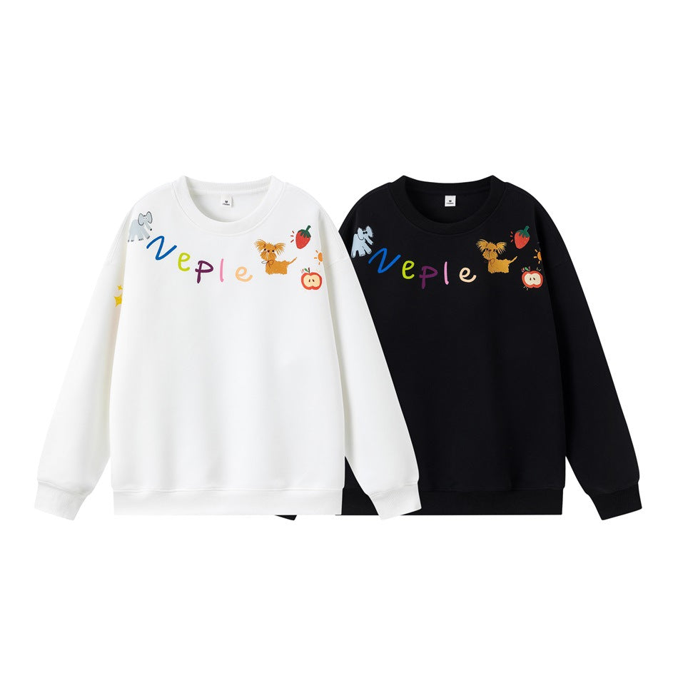 Front views of white and black crewneck sweatshirts with colorful lettering and cartoon graphics.