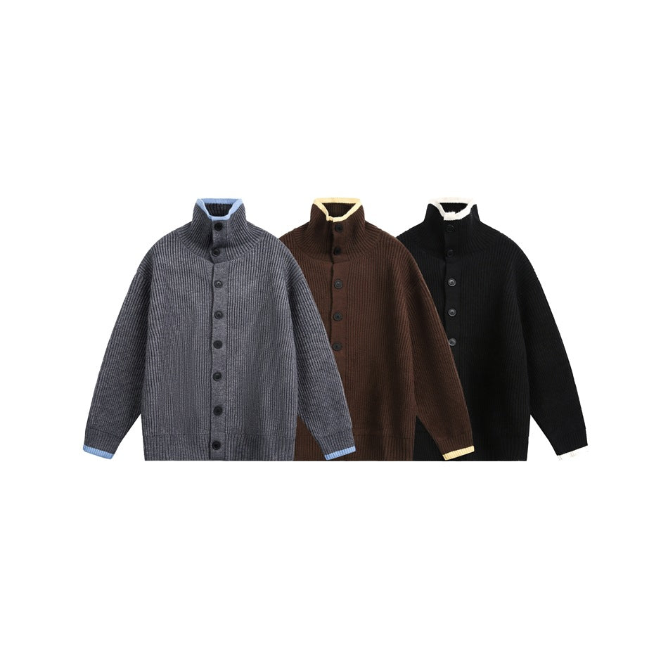 Three front views of ribbed button-up sweaters with high collars in gray, brown, and black, each with contrasting trim.