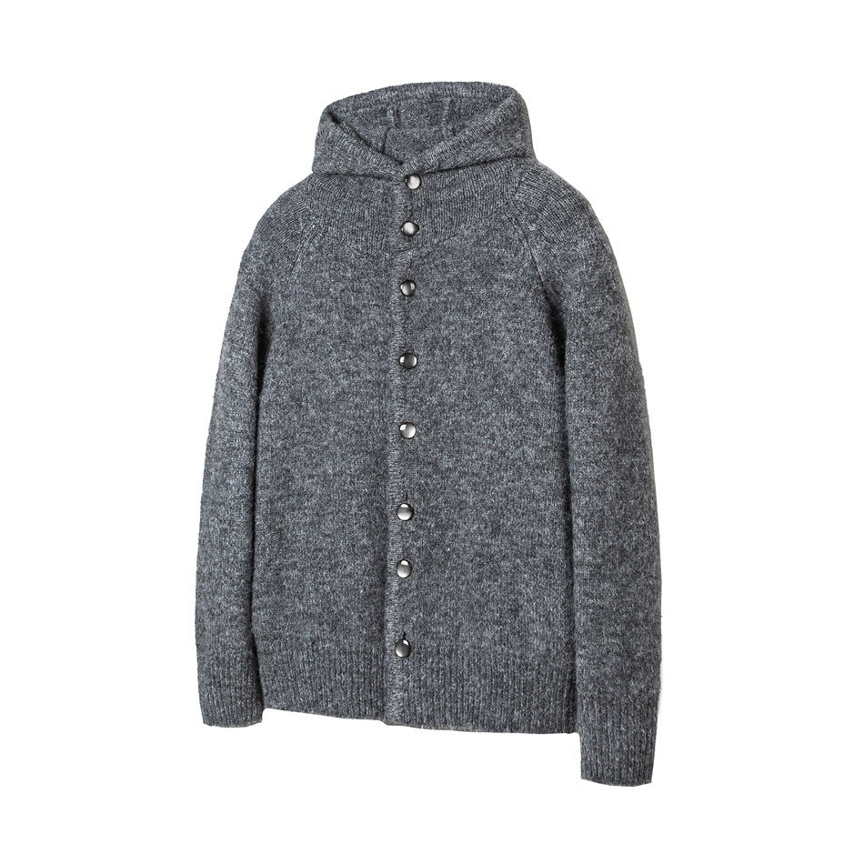 Gray heathered knit hooded cardigan with metallic snap-style buttons, shown flat at a slight angle