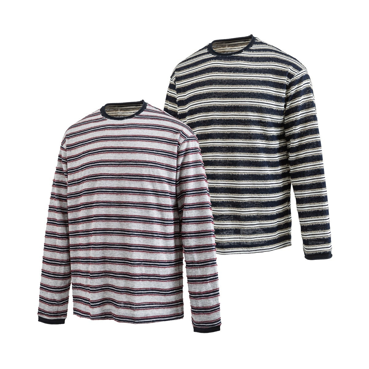 Two long-sleeve crew-neck striped sweaters shown together: one gray with black and burgundy stripes, one black and cream.