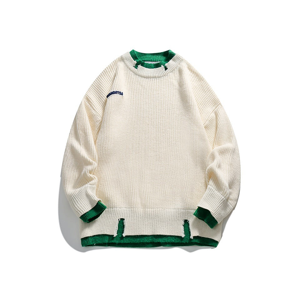 Off-white ribbed crew-neck sweater with green contrast neckline, cuffs and distressed hem, flat front view