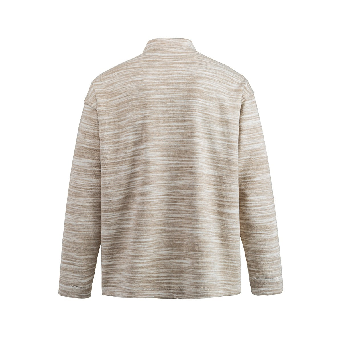 Back view of a beige heathered long-sleeve shirt with a band collar.