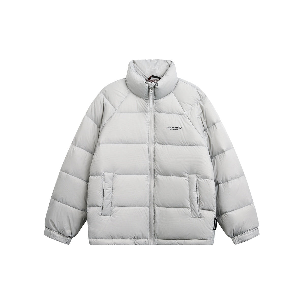 Light gray quilted puffer jacket with stand collar, front zip and two pockets on a white background
