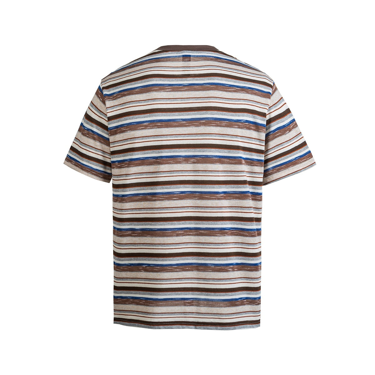 Back of brown, blue and cream striped short-sleeve crew-neck T-shirt with brown ribbed collar