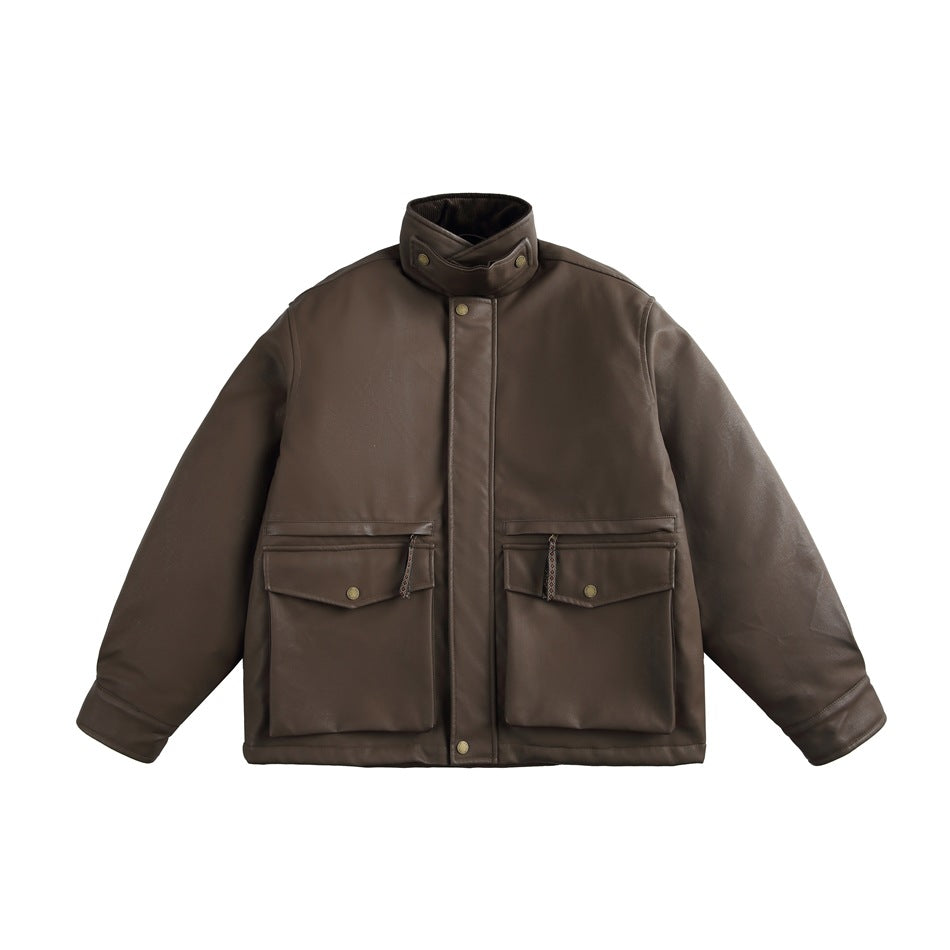 Brown faux-leather stand-collar jacket with front zip placket and two large snap flap pockets, flat lay front view