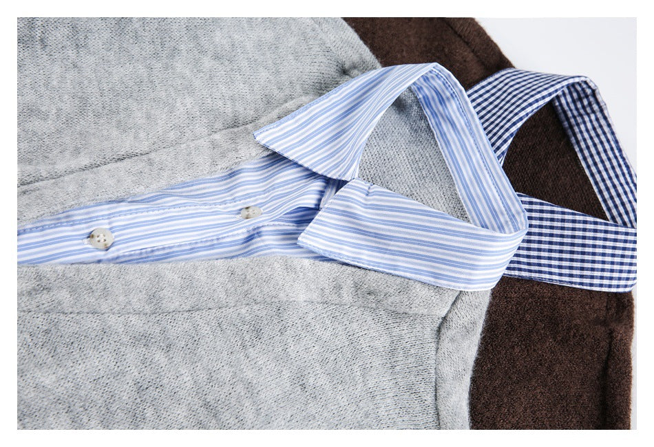 Close-up of knit tops showing a blue-and-white striped collar beside a checked collar.