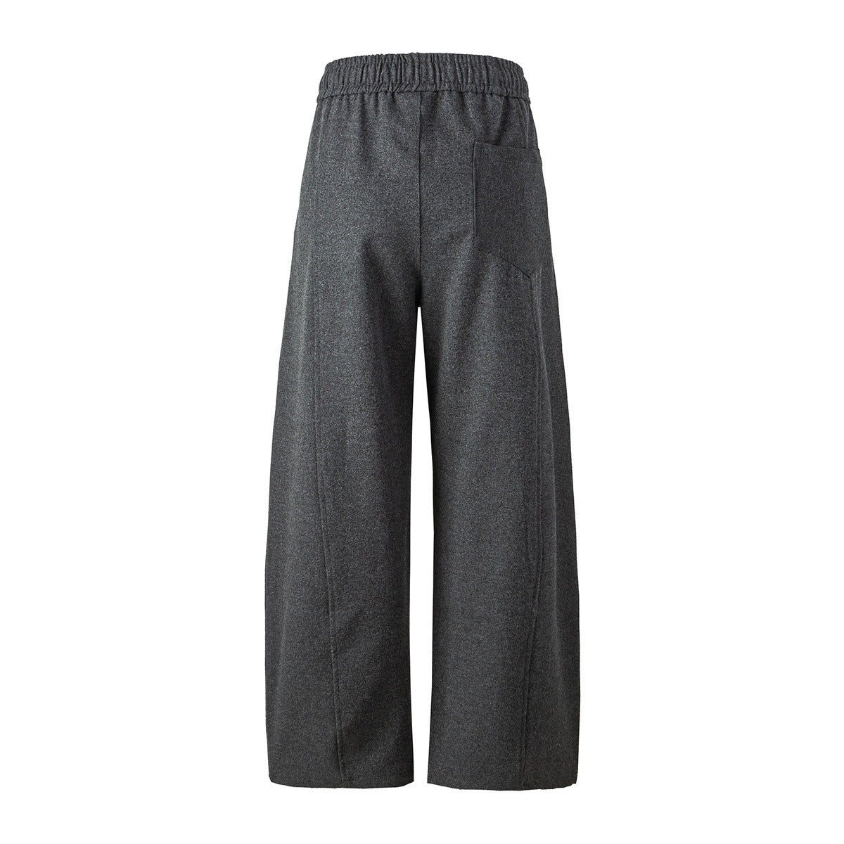 Back view of charcoal wide-leg pants with an elastic waistband and a patch pocket.