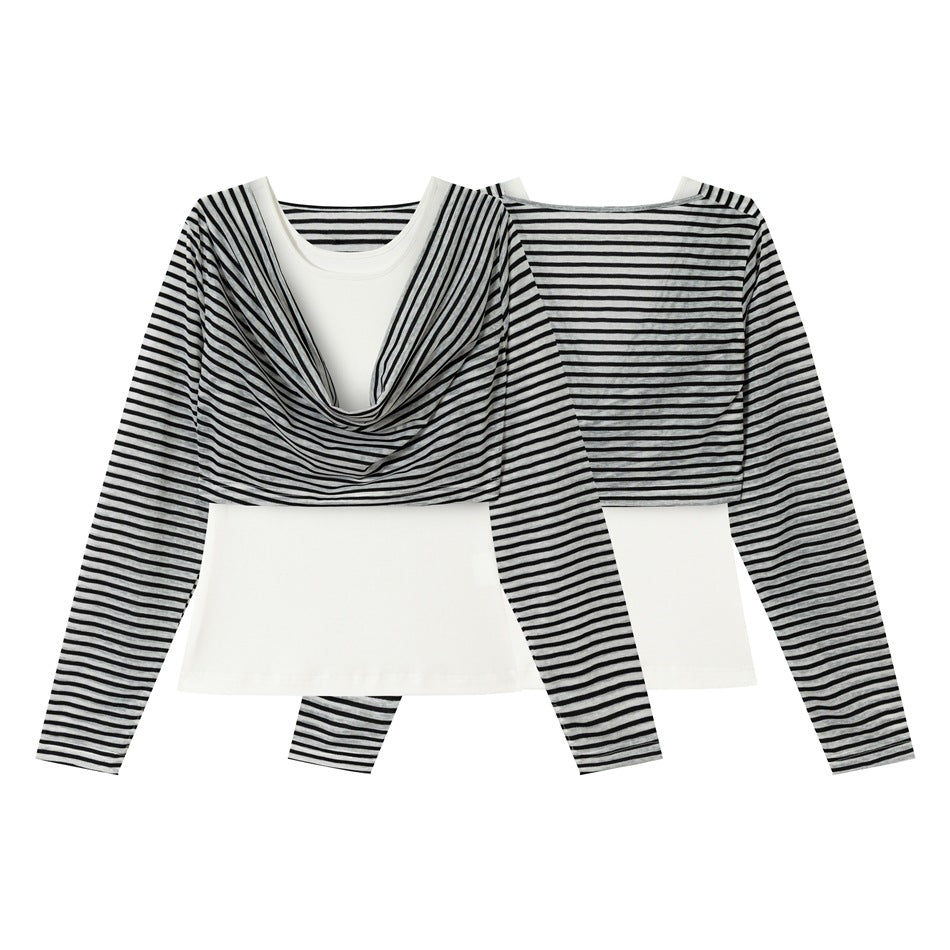 Front and back views of a black and gray striped long-sleeve draped top layered over a white sleeveless shirt.