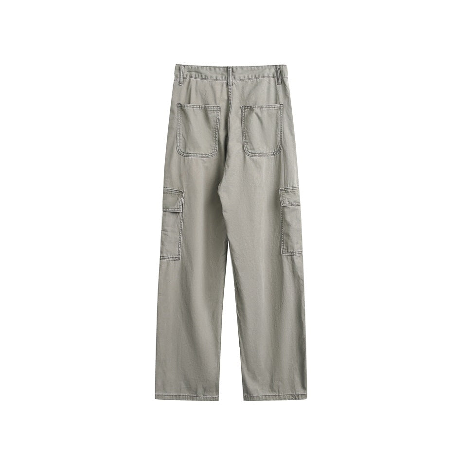 Back view of light gray wide-leg cargo pants with two rear patch pockets and flap thigh pockets.