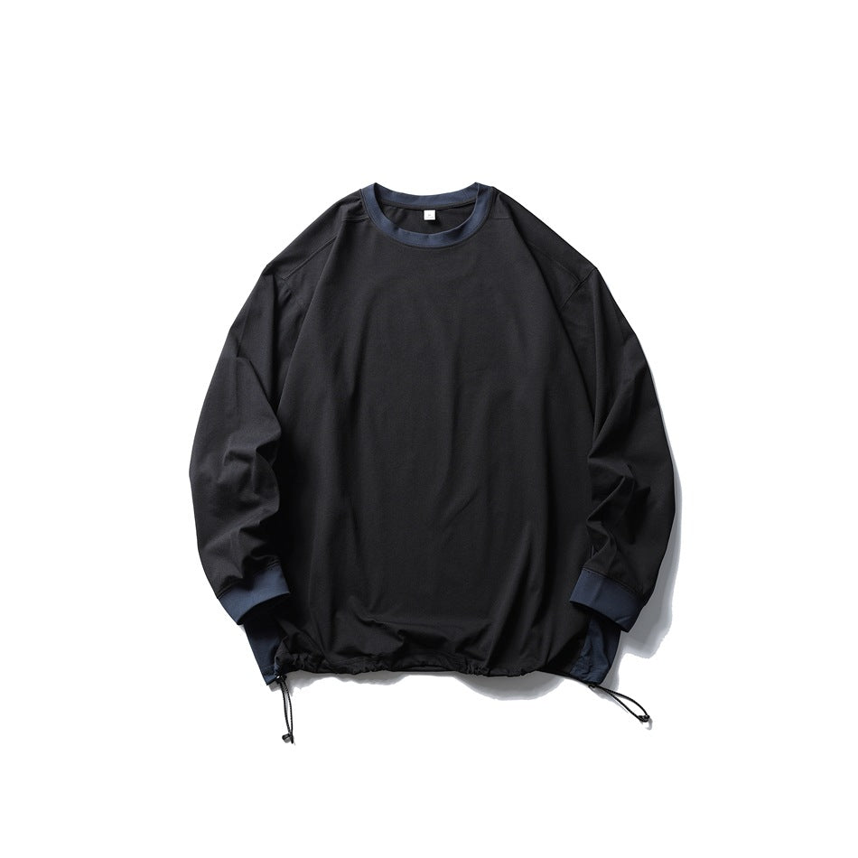 Black crewneck pullover with navy ribbed collar and cuffs and drawcord hem, flat lay