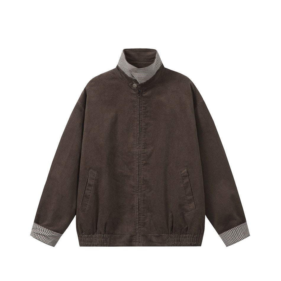 Brown corduroy-look zip jacket with stand collar, houndstooth check trim, slanted pockets and elastic hem, flat front view