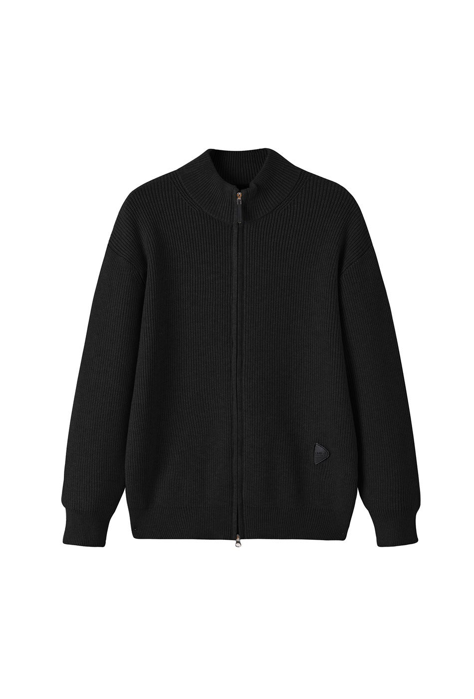 Black rib-knit sweater with a full-length zipper, stand collar, long sleeves, and a small shield-shaped patch near the hem.